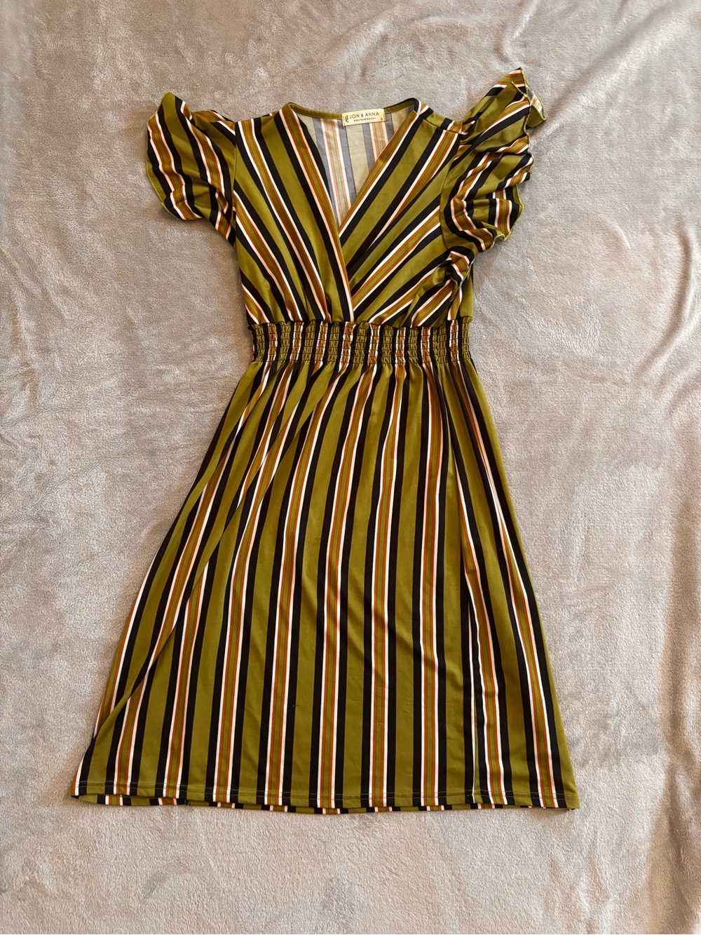 Jon & Anna Olive and Black Striped Midi Dress